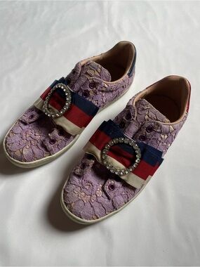 Gucci Lilac Lace Sneakers with Red-Blue Ribbon and Crystal Buckle
